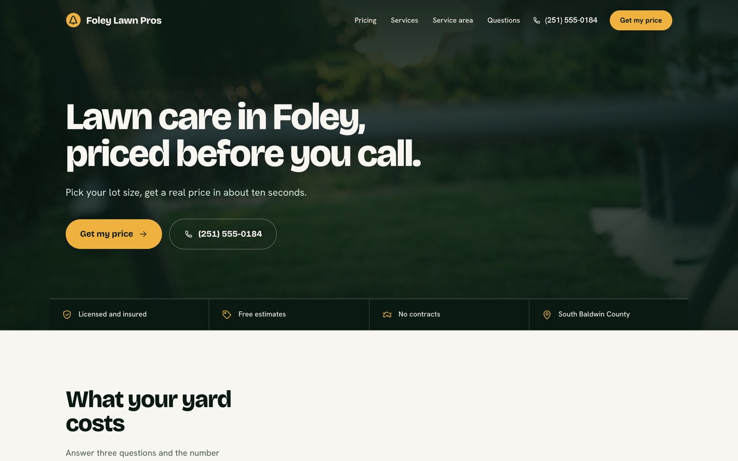 The rebuilt Foley Lawn Pros homepage: a clean deep-green design with real photos, clear services and a visible price estimator
