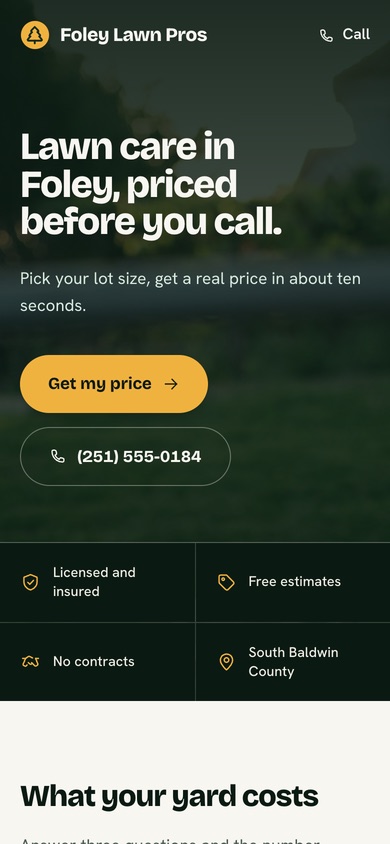 The rebuilt site on a phone: everything fits the screen, with a tappable call button and a get-my-estimate button above the fold