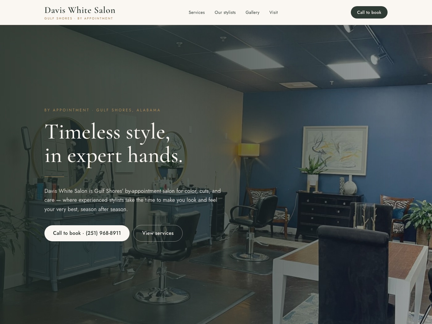 Homepage of Davis White Salon, a by-appointment hair salon in Gulf Shores, Alabama
