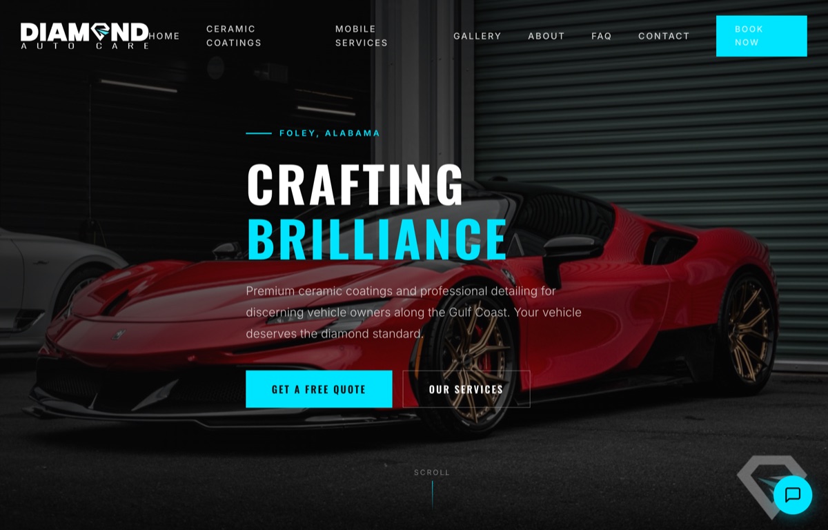 Diamond Auto Care website: ceramic coatings and auto detailing on the Gulf Coast