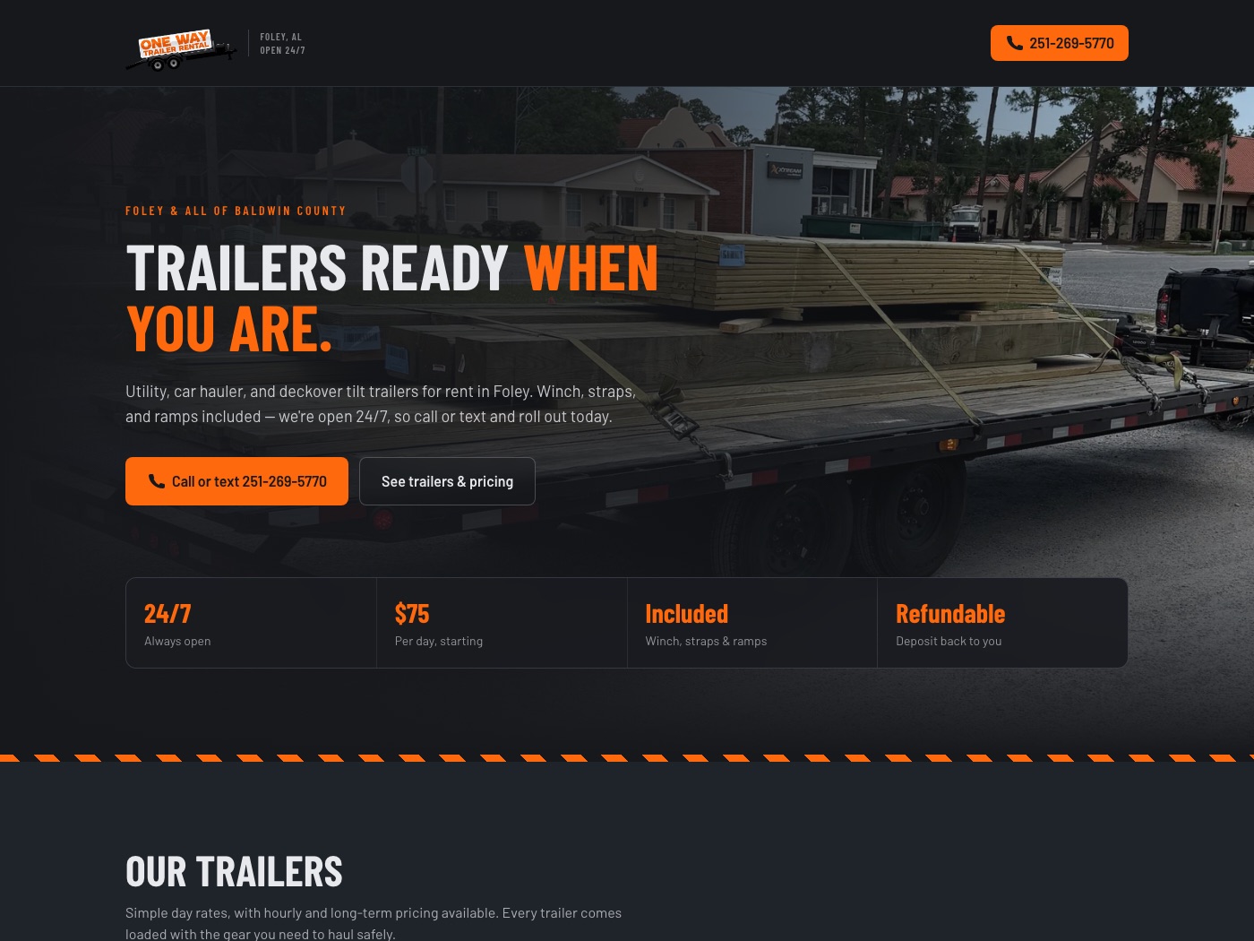 Homepage of One Way Trailer Rental, a 24/7 trailer rental business in Foley, Alabama